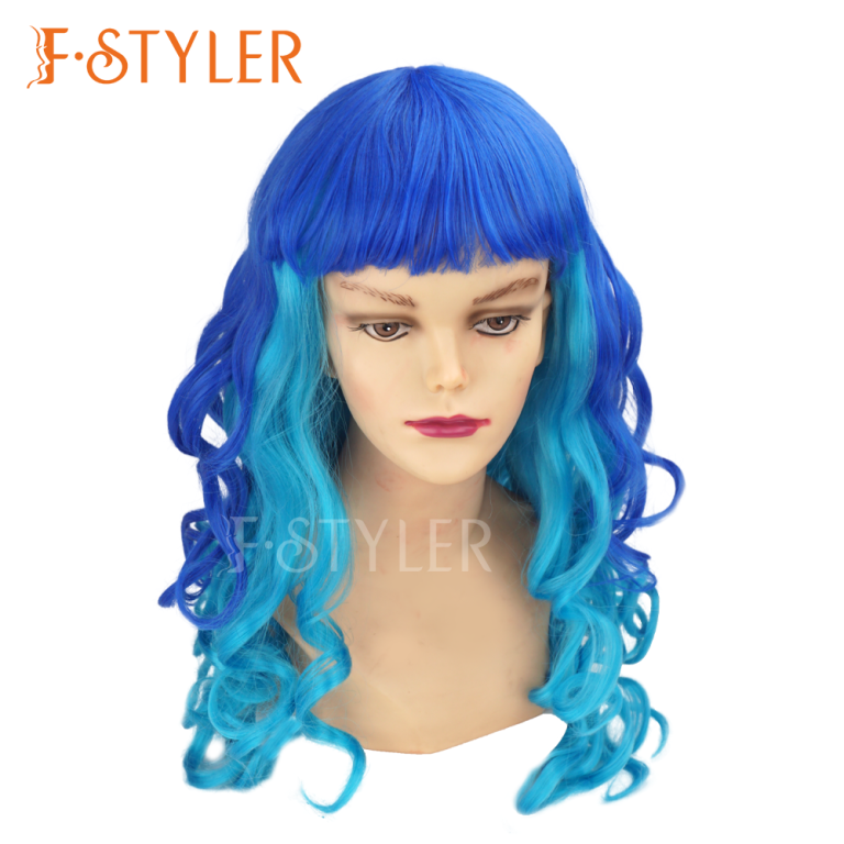 Long Blue Highlight Curly with Bangs Synthetic Wig Fake Hair