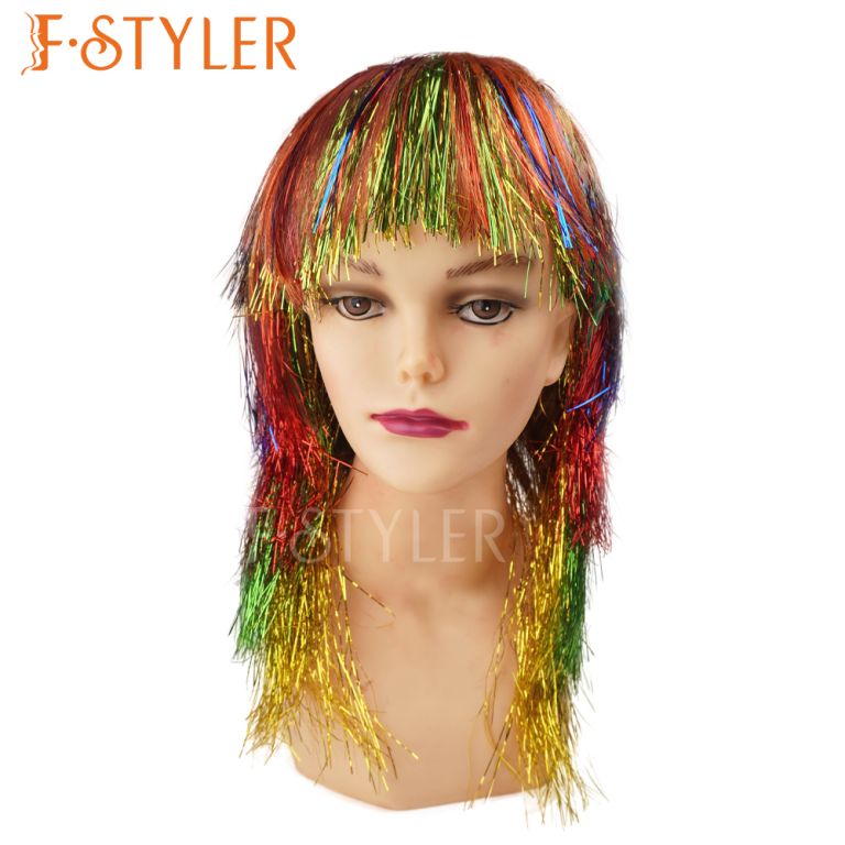 80s Multicolor Long Tinsel Disco Costume Wig Fake Hair