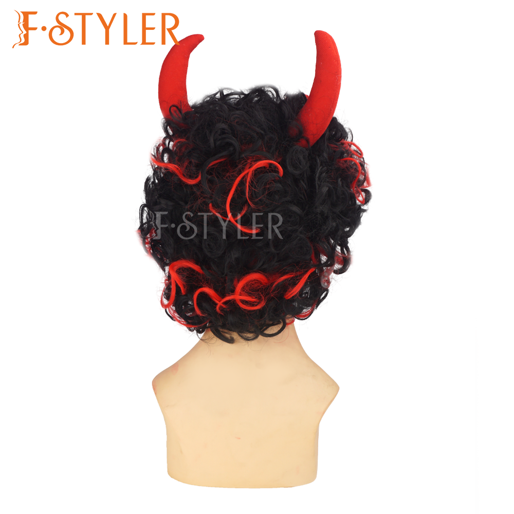 Evil Black Curly Hair with Red Strands Devil Costume Wig