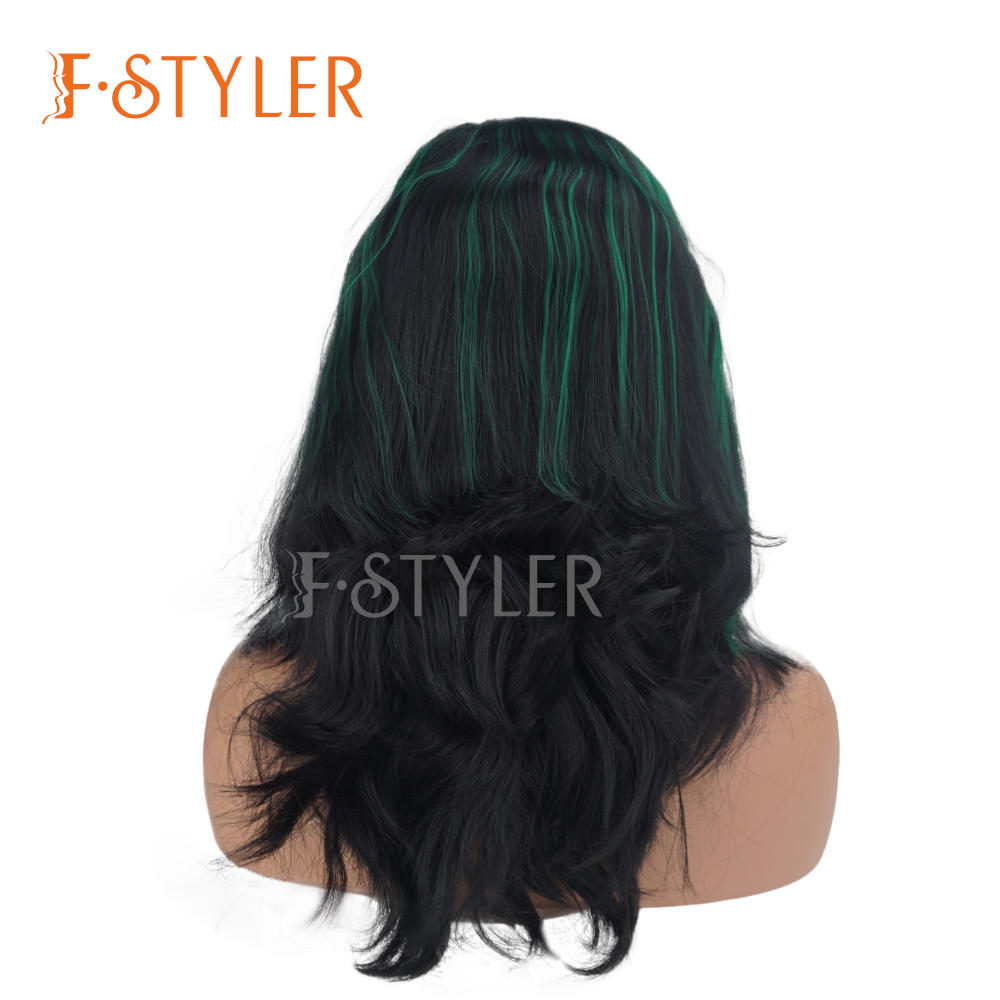 Green and Black Natural Long Wavy Synthetic Costume Wig