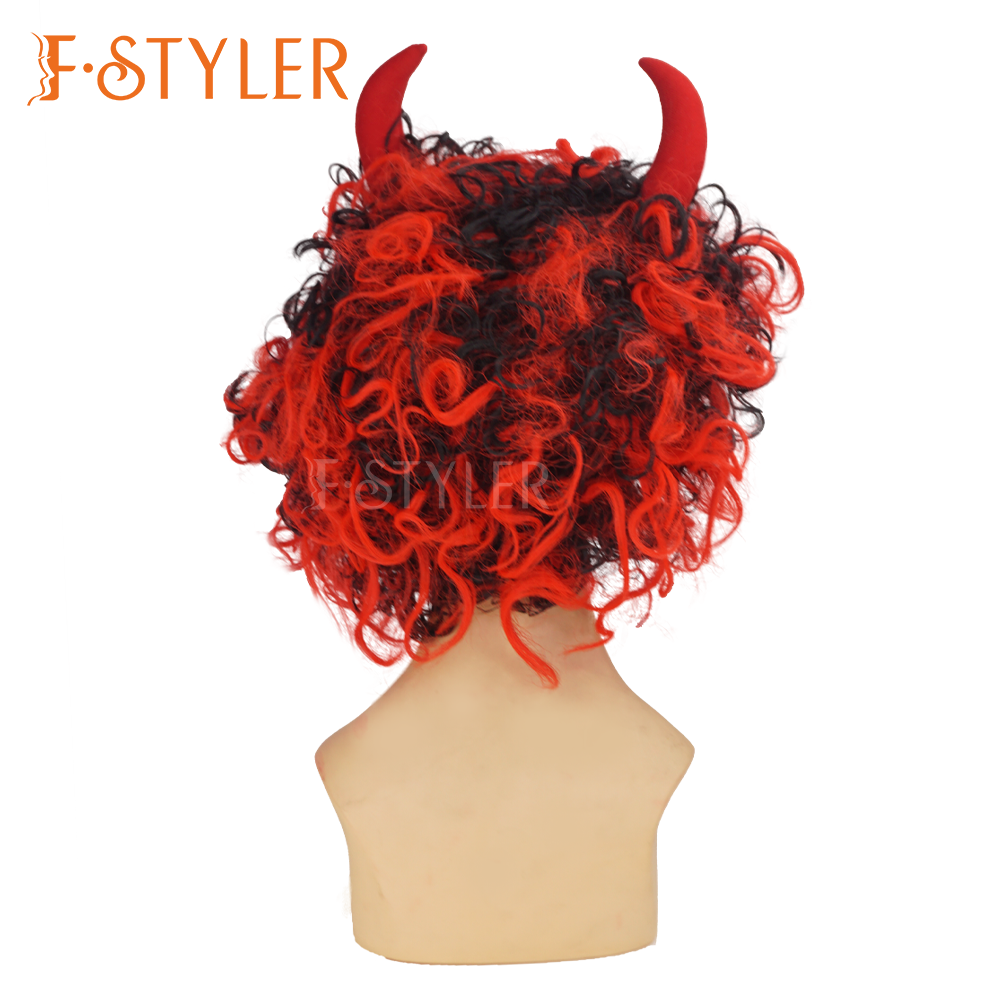 Horned Devil Curly Bob Carnival Halloween Costume Party Wig