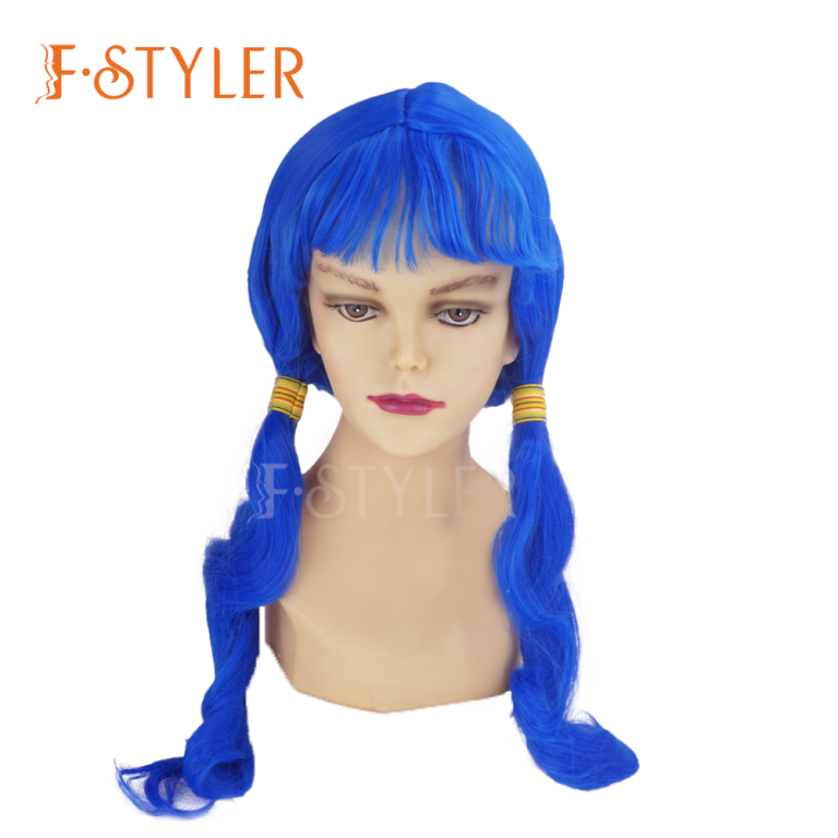 Blue Hair Low Pigtails with Bangs Synthetic Costume Wig