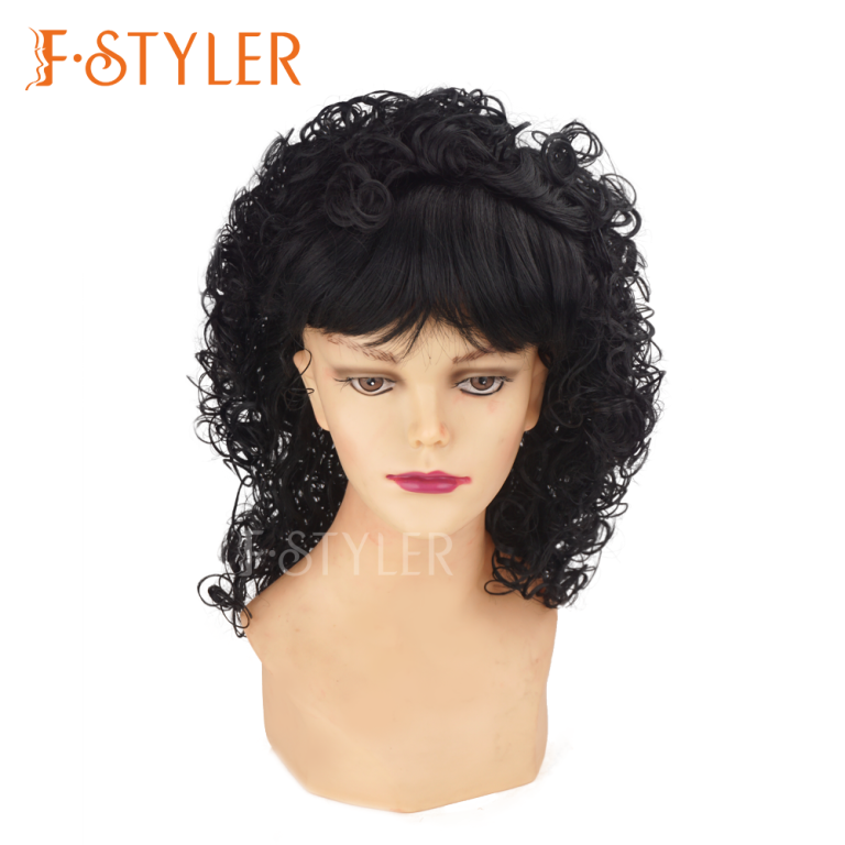 70s 80s Black Curly Vintage Synthetic Costume Wig Fake Hair