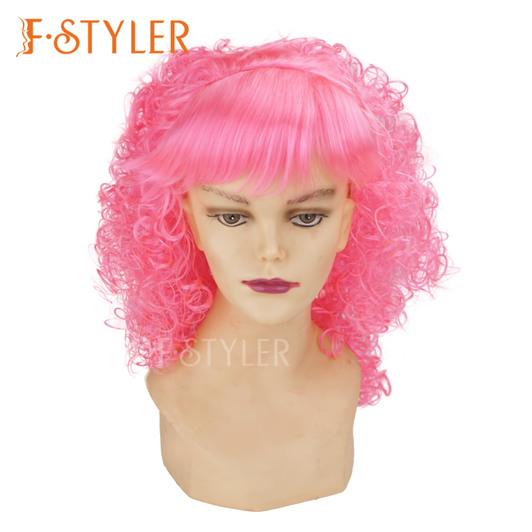 70s 80s Pink Curly Fluffy Synthetic Costume Wig Fake Hair