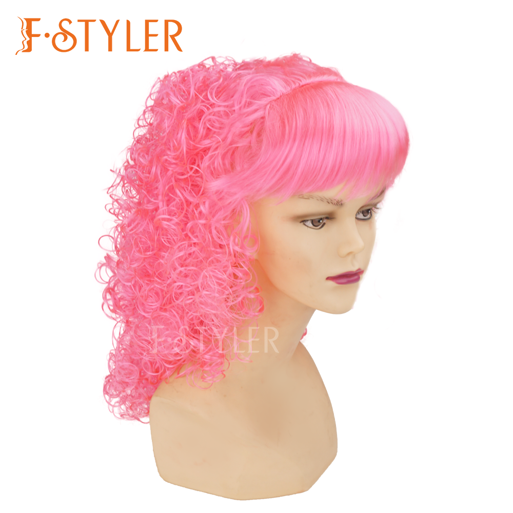 80s Pink Curly Bouncy Fluffy Disco Synthetic Costume Wig