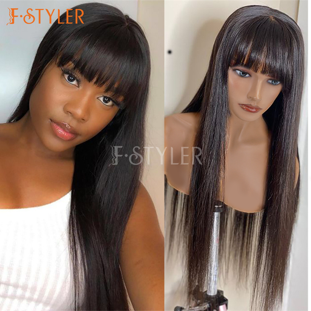 Black Straight Hair with Bangs Synthetic Daily Wig Fake Hair