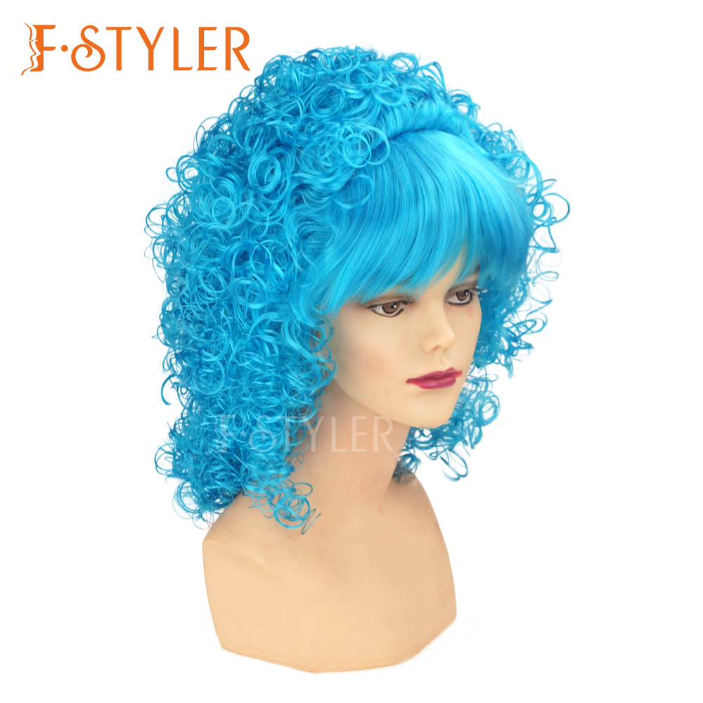 Blue Bouncy Curly with Straight Bangs Synthetic Costume Wig