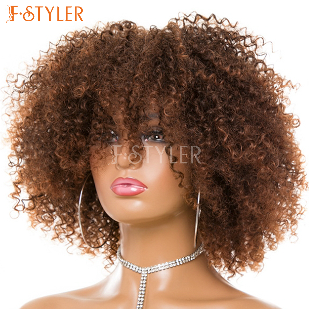 Brown Afro Kinky Curly Short Fluffy Synthetic Daily Wig