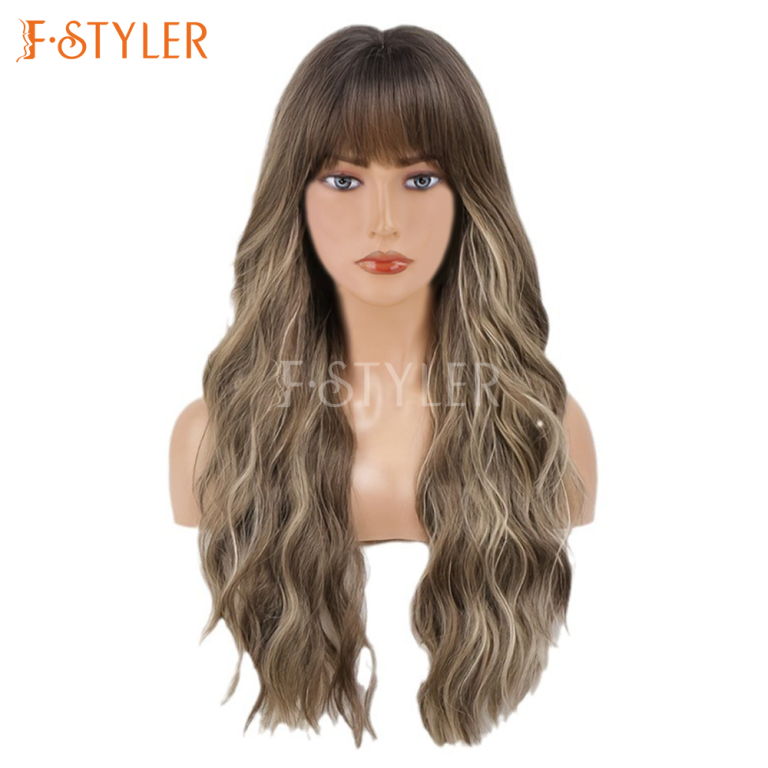 Brown Water Wave with Bangs Synthetic Daily Wig Fake Hair